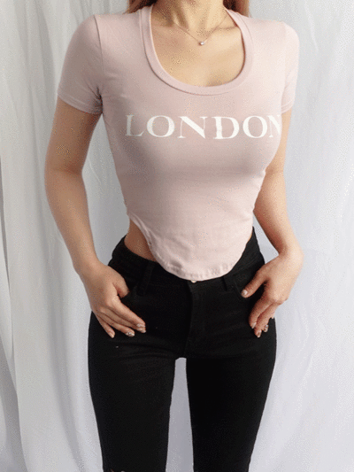 런던 레터링 슬림핏 허리 트임 반팔 크롭티셔츠 3color